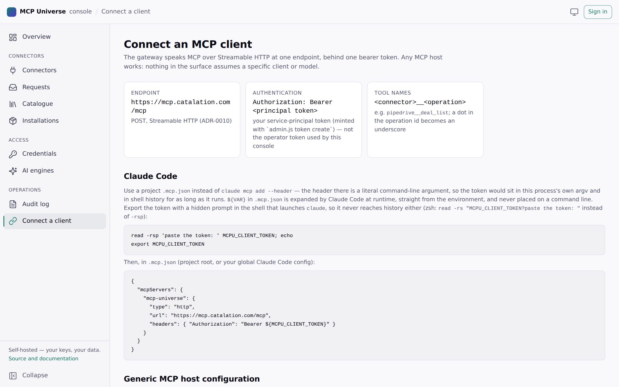 The Connect an MCP client page: endpoint, bearer authentication, tool naming, and a Claude Code .mcp.json example