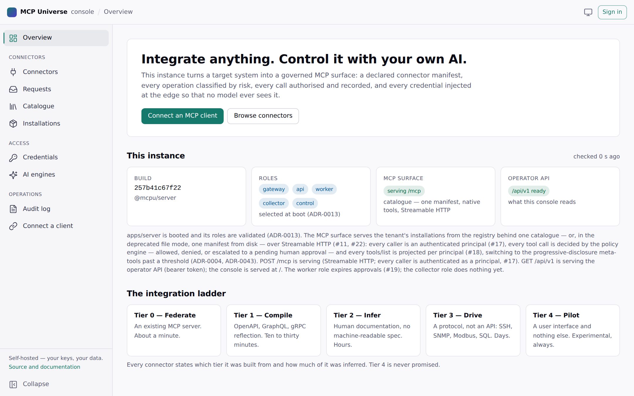 The MCP Universe console overview: build, roles, MCP surface and operator API status, and the five-tier integration ladder